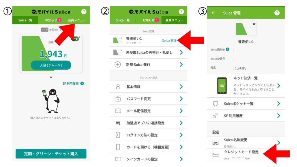 モバイルSuicaのクレジットカードチャージについての図解